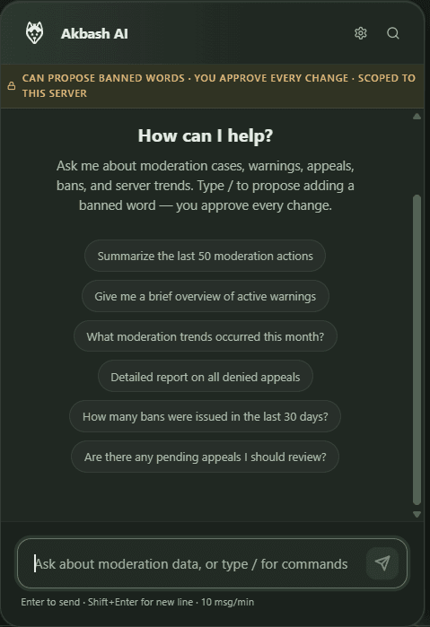 AI assistant, actual Akbash dashboard screenshot